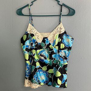 Mixit VINTAGE Black and Blue Floral Cami with Lace Medium petite